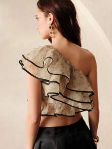 Aveloria Rosie European And American Style Spring/Summer New Fashionable Versatile Organza Printed 3D Floral Decor Asymmetric Shoulder Women Top - Multicolor - View 5