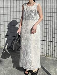 FRIFUL Women's Casual Sleeveless Sheer Dress, Summer Wedding Guest Dress - Beige - View 1