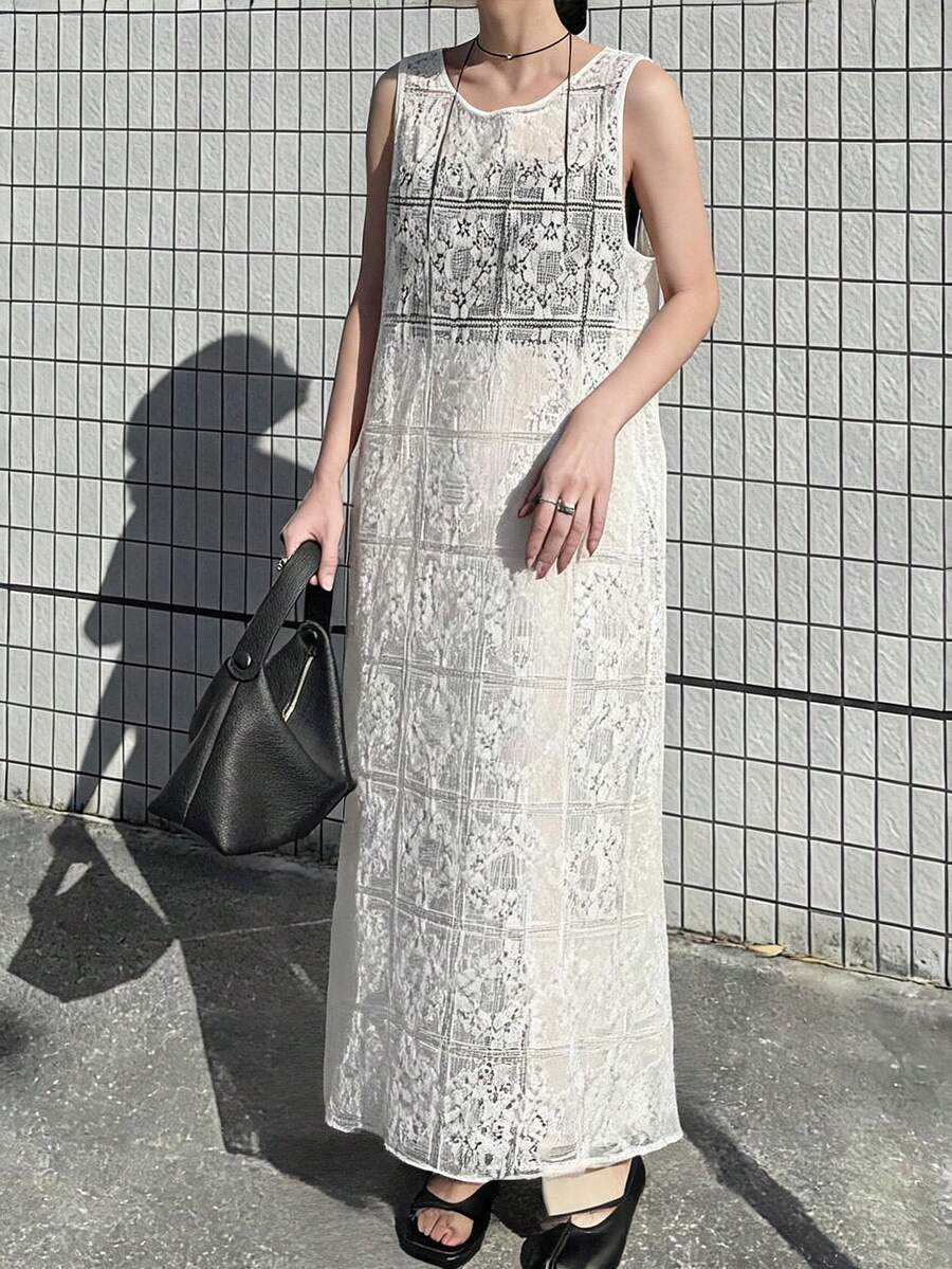 FRIFUL Women's Casual Sleeveless Sheer Dress, Summer Wedding Guest Dress - Beige - View 1