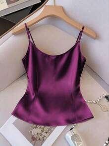 Women's Shiny Woven Fabric Sleeveless Gathered Waist Fitted Casual Camisole, Suitable For Spring, Autumn And Winter - Purple - View 2