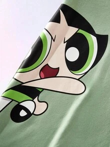 THE POWERPUFF GIRLS X SHEIN Maija Kids Đầm dệt kim mềm mại cổ tròn tay ngắn họa tiết hoạt hình cho bé gái - màu xanh lá - Xem 7