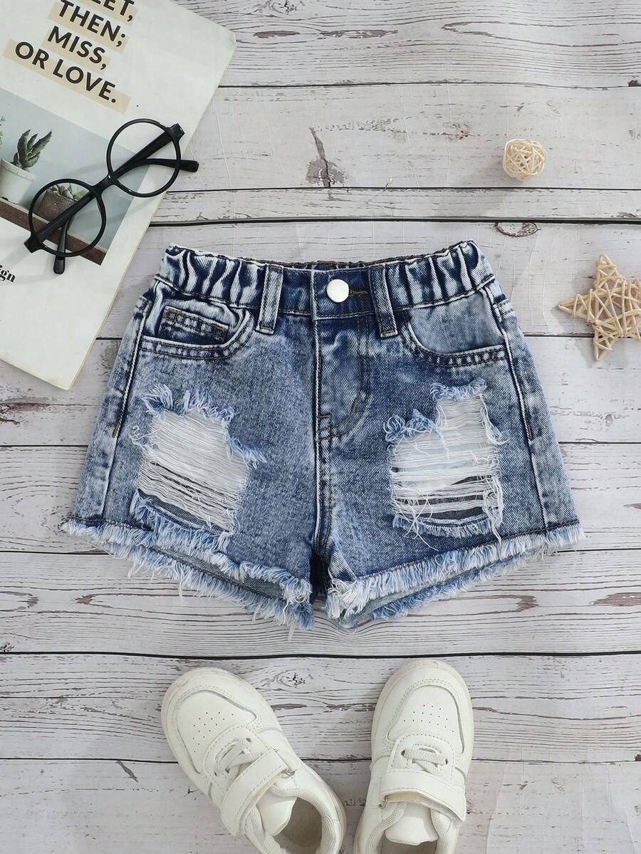 SHEIN Young Girls Summer Baby Blue Fashion Ripped Denim Shorts, High Waist Frayed Hem Loose Fit A-Line Silhouette, Comfortable Soft Fabric Street Style Shorts