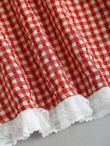 Sweetra Đầm ngắn nữ màu đỏ chấm bi cổ chữ V tay cánh hoa phối bèo nhún, kiểu dáng gợi cảm retro ngọt ngào, thích hợp cho kỳ nghỉ xuân/hè. - Đỏ - Xem 5