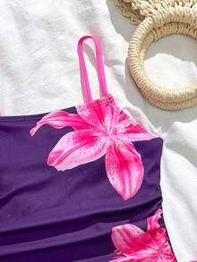 SHEIN Traje de baño de una pieza con estampado de flor de lirio y color contrastante para niña preadolescente - Morado - Ver 3