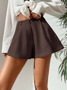 SHEIN PETITE Quần short nữ màu trơn, xếp ly, có túi, dáng rộng, kiểu dáng thường ngày. - Cà phê nâu - Xem 6