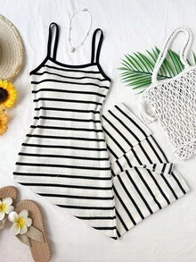 SHEIN 少女夏季新款黑白条纹纹理吊带连衣裙，休闲、日常、时尚、百搭、复古、户外、姐妹合照、公园、露营、旅行、派对等场合皆宜 - 黑與白 - 查看 4
