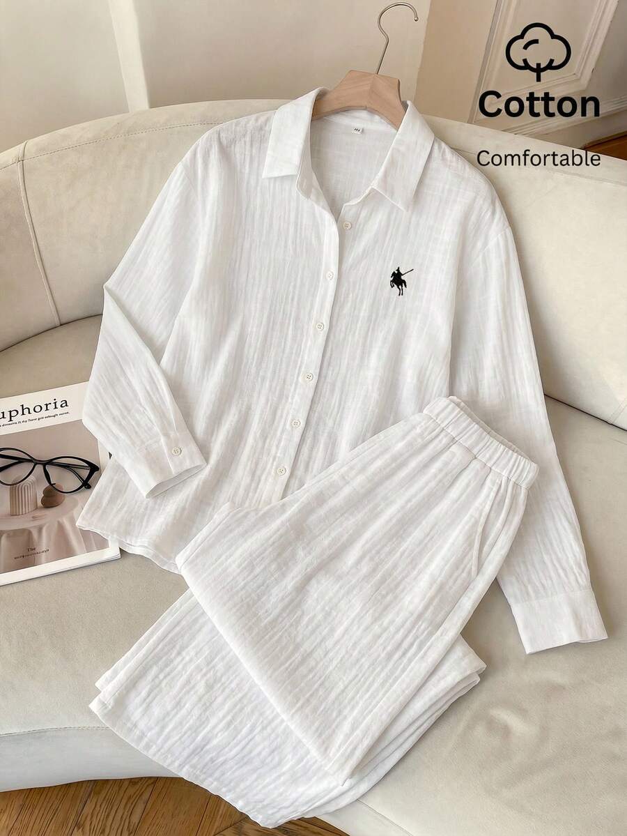 SHEIN EZwear Bộ đồ nữ 100% cotton màu mơ dệt thêu tay, tay dài và quần dài, thích hợp mặc hàng ngày, mặc mùa hè, đi làm, hẹn hò, tụ họp, mùa thu/đông/hè, Giáng sinh, Năm mới, Lễ Tạ ơn, tiệc tùng, đám cưới, đi biển, lễ tốt nghiệp, thời trang, thanh lịch, thường ngày, đi chơi, hẹn hò, đặt chỗ, đi làm, lấp lánh, Ngày lễ tình nhân, sang trọng, kỳ nghỉ, thường ngày, Y2K, đi chơi, lễ tốt nghiệp và các dịp khác. - trắng - Xem 1
