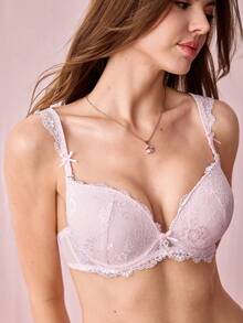 Bonmuse قطعة واحدة حمالة صدر مريحة مبطنة بسلك معدني مزينة بالدانتيل والزهور، ملابس داخلية نسائية مثيرة للرفع والدعم للصيف - وردي فاتح - مشاهدة 7