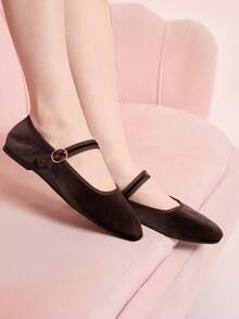 CUCCOO DOLLMOD Sepatu Wanita Cokelat, Desain Gesper, Cocok untuk Perjalanan Sehari-hari, Modis, Serbaguna, Beludru, Elegan, Model Flat Mary Jane - Coklat / Coklat 619 - View 6