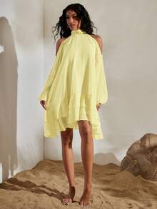 Opulessa Women's Solid Color Woven Casual Mini Dress, Spring/Summer,Wedding Guest Dress Women - Light Yellow - View 3