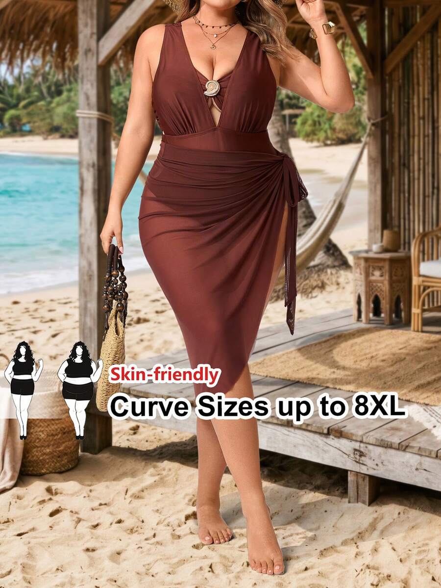 SHEIN CURVE+ Plus Size 3 Pieces Set Elegant Brown Metal Buckle Decor One-Piece Swimsuit, Can Be Matched With Other Outfits, Suitable For Party Beach And Holiday - Brown - View 1