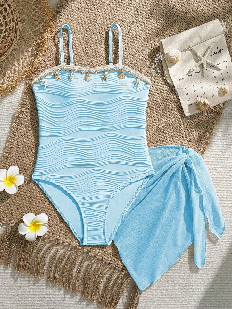 SHEIN 少女连体泳衣，波浪贝壳边饰，网纱裙摆，适合海滩和泳池休闲度假，春夏款