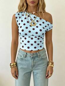 SHEIN EZwear Women's Asymmetric Ruched Cropped Top,Summer Top - Blue - View 3