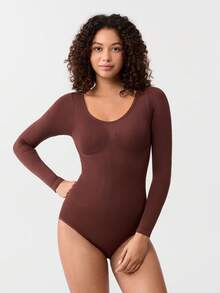 Loungeista 1pc Women's Seamless Crew Neck Long Sleeve Shapewear, Full Coverage Comfortable Bodysuitfor Summer - Brown - View 4