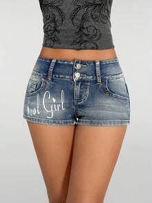 SHEIN PETITE Quần short denim màu xanh dương dáng suông, in chữ, cài nút, thích hợp cho nữ, mùa xuân/hè, phong cách thường ngày, thích hợp cho du lịch. - Rửa trung bình - Xem 1