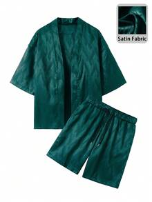 Manfinity RSRT Men's Summer Casual Beach Vacation Jacquard Loose Fit Shirt And Shorts Set - Dark Green - View 2