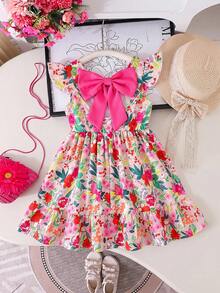 Elladie kids Vestido elegante con estampado floral rosa para niñas, estilo hada de verano, manga volada, espalda abierta con lazo, cintura con lazo, a juego para vacaciones familiares, vestido de viaje de vacaciones - Rosa - Ver 5