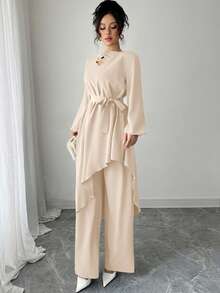 Modelyn 2pcs/Set Women Solid Color Tie-Up Asymmetrical Hem Top And Pants - Apricot - View 3