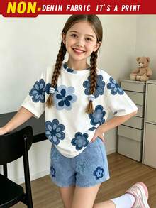 Bộ 2 món cho bé gái 8-12 tuổi, gồm áo thun ngắn tay và quần short in họa tiết hoa lấy cảm hứng từ phong cách vintage/thiên nhiên, chất liệu denim nhẹ, thích hợp mặc hàng ngày, đi học, hoạt động ngoài trời, mùa xuân/hè/thu. - Nhiều màu - Xem 3