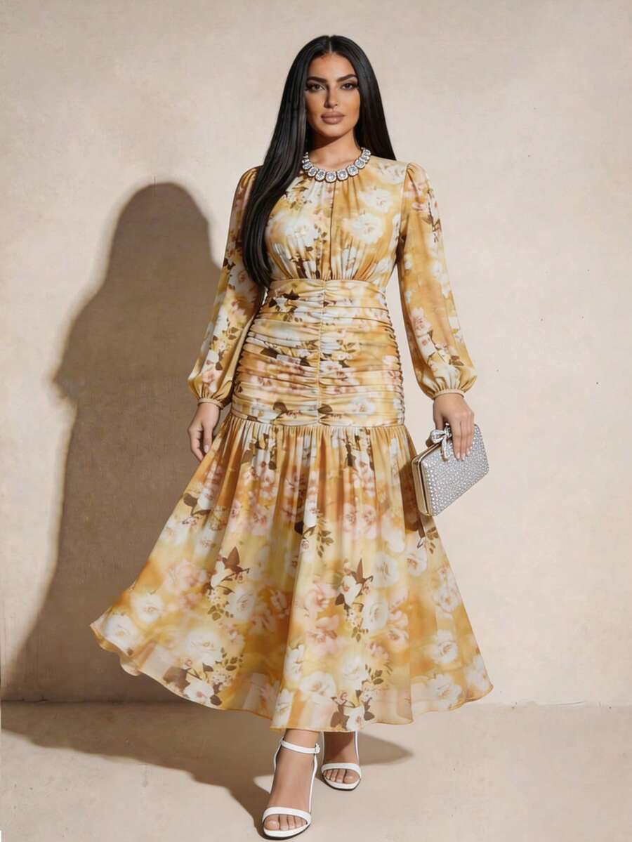 Modelyn 大码女式印花褶皱腰身优雅派对连衣裙