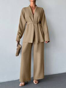 SHEIN Cottnline بيزتان بتفاصيل الحزام ، مجموعات مريحة ، سهلة الارتداء في المنزل والخارج - لون مشمشي - مشاهدة 6