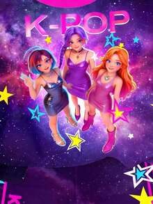 少女T恤套装，酷炫K-POP星空主题，紫色底色搭配霓虹星星和闪亮女团图案，短袖+短裤，青春偶像风 - 彩色 - 查看 4