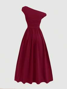 SHEIN Đầm midi xếp ly thanh lịch dành cho bé gái và thiếu niên, kiểu dáng ôm sát, cổ lệch vai, khóa kim loại trang trí, màu đỏ tía. - Màu Đỏ Sâu - Xem 2