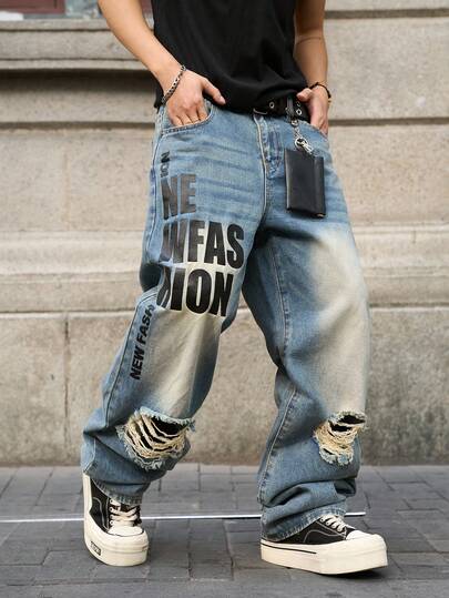Manfinity EMRG Jeans de mezclilla desgastados con estampado para hombres de talla grande