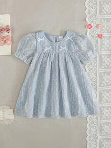 SHEIN Baby Girl Butterfly Decor Short Petal Sleeve Casual Dress - Blue - View 8