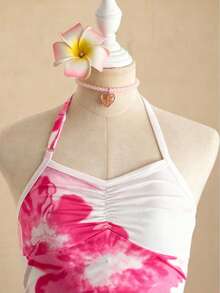 SHEIN Vestido halter de niña grande con estampado de tinta rosa, vestido de verano con volantes y ajuste ceñido, lindo y elegante - Multicolor - Ver 5