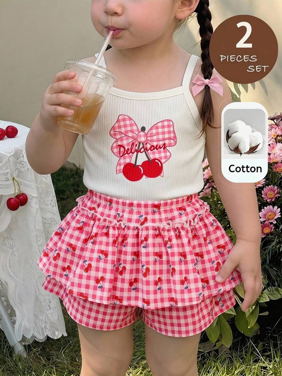 LMoss Kids Set de 2 piezas de camiseta de tirantes de punto sólido con patrón de cereza y pantalones cortos tejidos para niña bebé - Multicolor - Ver 1
