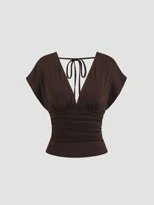 Sweetra Women's New Fashion Versatile Knit V-Neck T-Shirt, Waist Drawstring, Front & Back V-Neck, Shoulder Sleeve Design - Brown - View 1