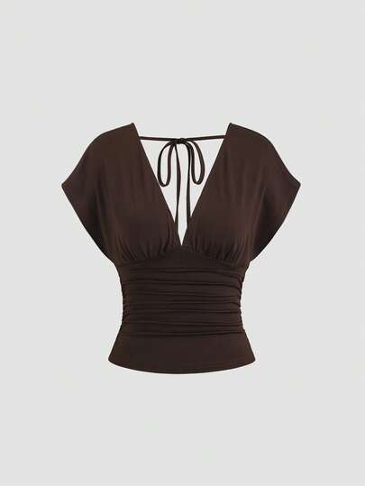 Sweetra Women's New Fashion Versatile Knit V-Neck T-Shirt, Waist Drawstring, Front & Back V-Neck, Shoulder Sleeve Design