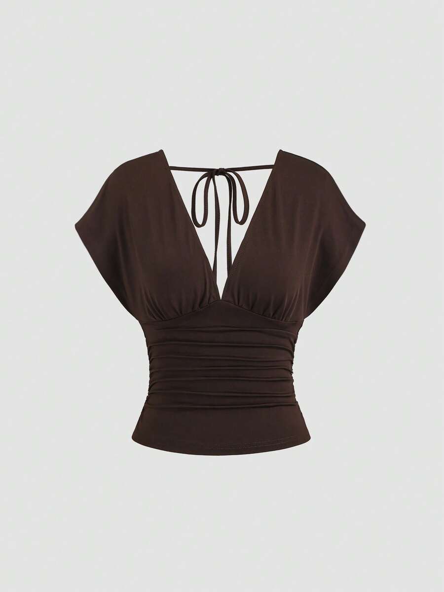 Sweetra Women's New Fashion Versatile Knit V-Neck T-Shirt, Waist Drawstring, Front & Back V-Neck, Shoulder Sleeve Design - Brown - View 1