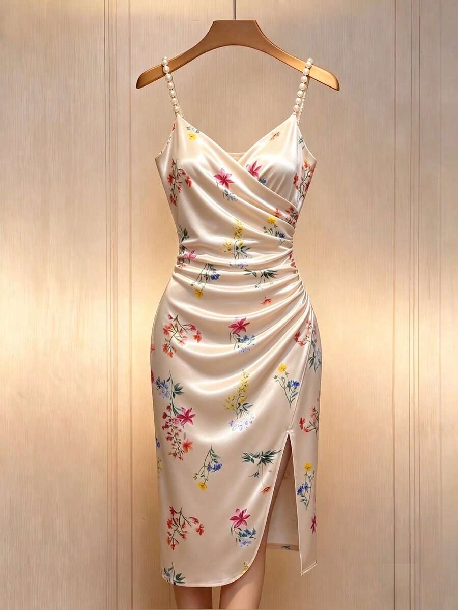 Đầm maxi nữ màu sâm panh satin in hoa, dây đeo ngọc trai, xẻ tà bên hông, kiểu Pháp thanh lịch. - Nhiều màu - Xem 1