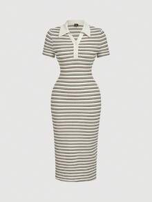 SHEIN MOD 大码女式休闲通勤条纹 Polo 领修身中长连衣裙，冬季，女士沙滩时尚，感恩节，学院风，办公室，工作连衣裙，翻领连衣裙，黑白棕条纹女式连衣裙，翻领连衣裙 - 彩色 - 查看 3