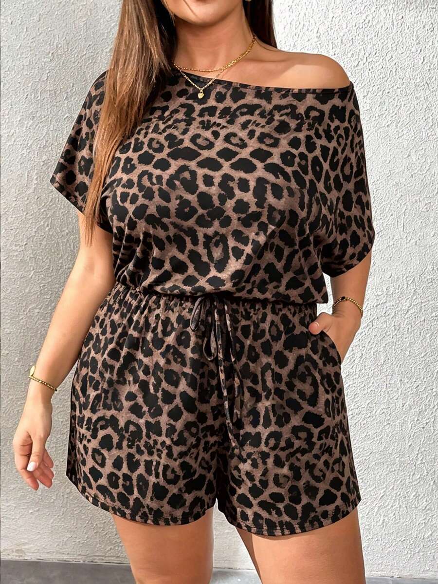 SHEIN Essnce 大码女式豹纹露肩连体裤，休闲度假装，短裤，夏季女装套装，女士夏季度假服，女士休闲连体裤，母亲节 - 彩色 - 查看 1