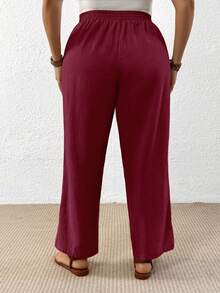 Linhara CURVE Plus Size Women Solid Color Pocket Casual Straight Leg Pants Fall - Burgundy - View 2