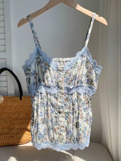 Comfortcana Women's Summer Beach Vacation Ditsy Floral Contrast Lace Camisole
