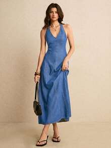 Poéselle Women's V-Neck Backless Denim Dress Vacation Light Blue Autumn Casual - Medium Wash - View 7