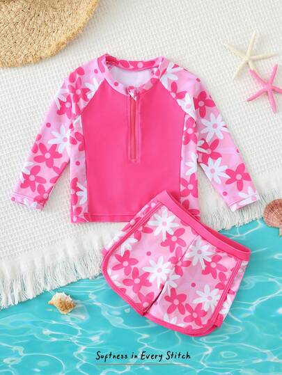 Cozy Pixies Bộ đồ bơi in hoa cho bé gái, bộ đồ đi biển dễ thương bằng polyester, thích hợp cho mùa hè bơi lội.