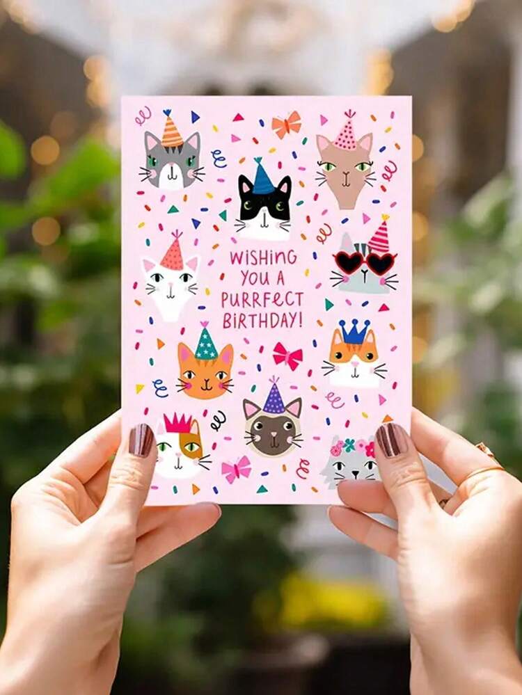 1张可爱猫咪图案生日贺卡，适合爱猫人士送给家人、伴侣、朋友和同事（随机信封颜色） 返校季，开学季，学习用品 - 粉色 - 查看 4