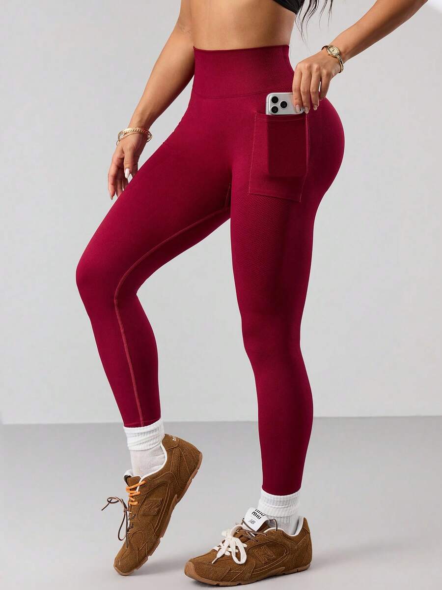 SHEIN With My Calm Minimalistiska ridbyxor med hög midja och enfärgade elastiska fickor för kvinnor - Blåröd - Visa 1