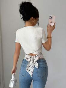 SHEIN Raffinéa Women's Casual Sexy Daily Date Night Vacation Textured Round Neck Short Sleeve Backless Tie-Back Fitted Elegant T-Shirt White Summer Night Out - Apricot - View 5