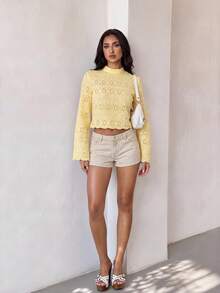 SHEIN Camisa casual versátil de uso diario con cuello alto y bordado para mujer - Amarillo - Ver 3