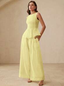 BELROSIE Ensemble 2 pièces décontracté et polyvalent, composé d'un Top à col rond, ourlet parapluie et rayures texturées sans manches, associé à un pantalon ample à jambes larges et plissées - Jaune d'oie - Voir 3