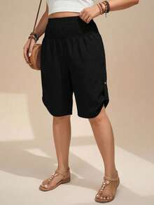 Comfylo Plus-Size Women'S Summer Women'S Casual Drawstring Waist Capri Pants Bermuda Shorts, High Blue Waist In Summer Slimming & Versatile Pants - Black - View 3