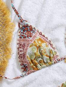 Bonvoyette Women's Paisley Print Halter Tie Bikini Set, Elegant Boho Style Beach Swimwear, Orange And Pink Color, Summer - Multicolor - View 5