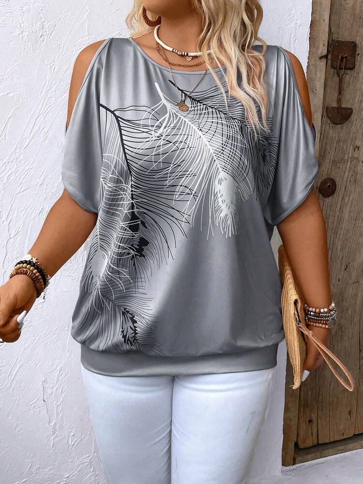 EMERY ROSE Camiseta gráfica casual de talla grande con estampado de plumas y hombros descubiertos para mujeres - Multicolor - Añade 6