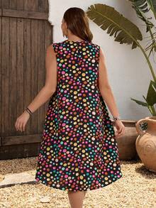 EMERY ROSE Plus Size Women Polka Dot Print Round Neck Sleeveless Black Dress,Summer Boho Vacation Holiday Outfit,Festival Picnic Country Office Dresses For Women - Multicolor - View 2